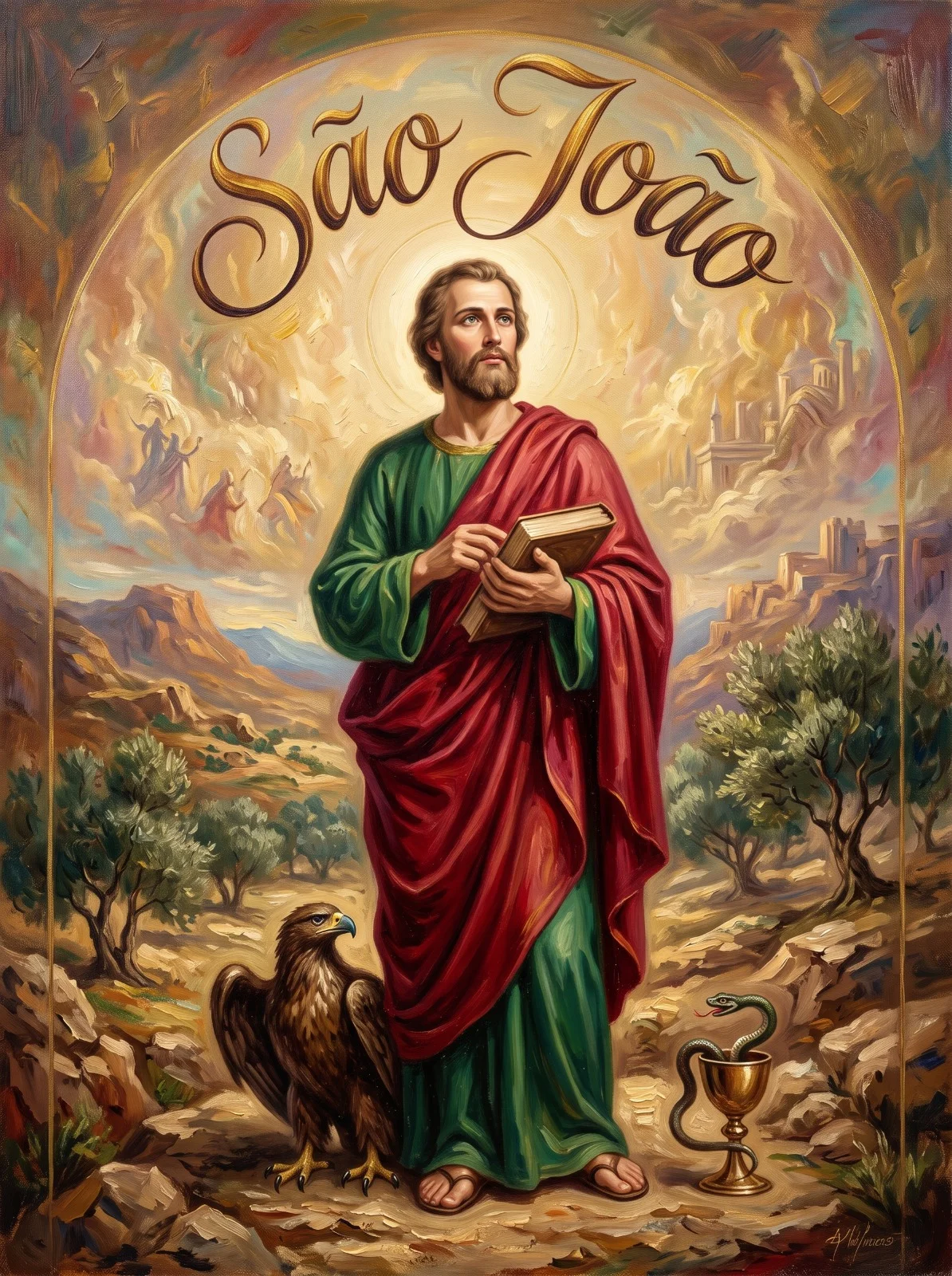 São João Apóstolo de túnica verde e manto vermelho com o livro, a águia aos pés e o cálice com a serpente.