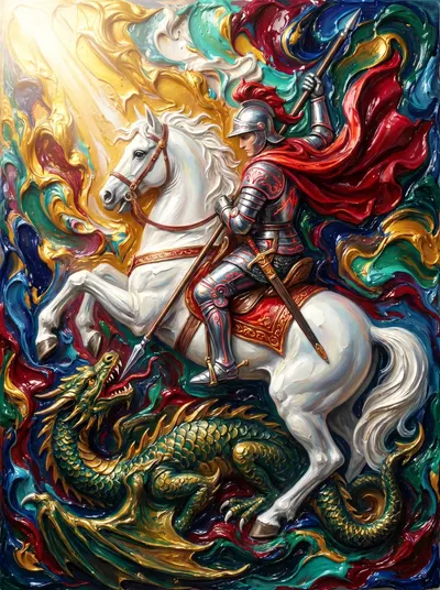 Pintura texturizada de São Jorge armado em cavalo branco empinado, transpassando um dragão verde com a lança.