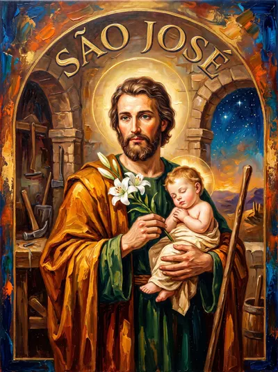 São José segurando o Menino Jesus adormecido e um ramo de lírios, na oficina de carpintaria.