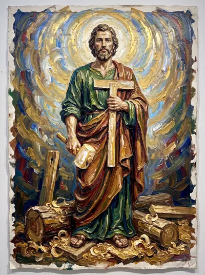 São José Operário carpinteiro, com esquadro de madeira e maço, entre toras e aparas de madeira.