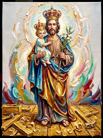 Pintura a óleo de São José coroado com o Menino Jesus ao colo, segurando lírio branco e cajado, sobre piso dourado.