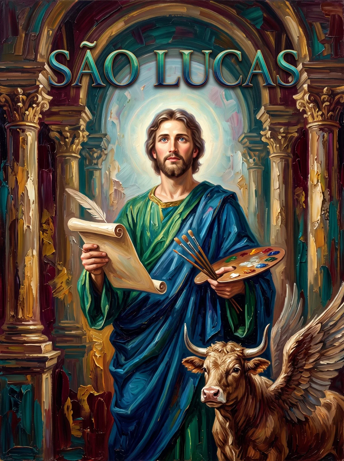 São Lucas Evangelista com pena e pergaminho numa das mãos e paleta e pincéis na outra, ao lado do boi alado.