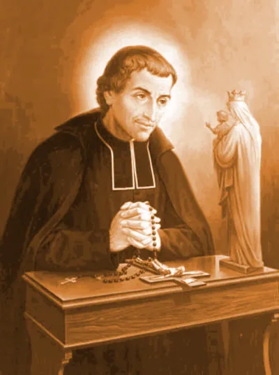 Ilustração sépia de São Luís de Montfort, sacerdote ajoelhado em oração com terço, diante de imagem da Virgem.