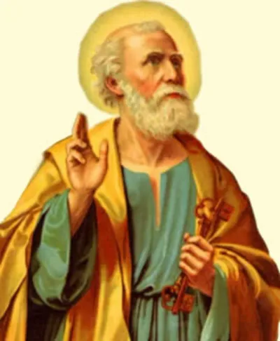 Pintura de São Pedro, ancião barbado com halo, a mão erguida em bênção, segurando as chaves douradas do céu.