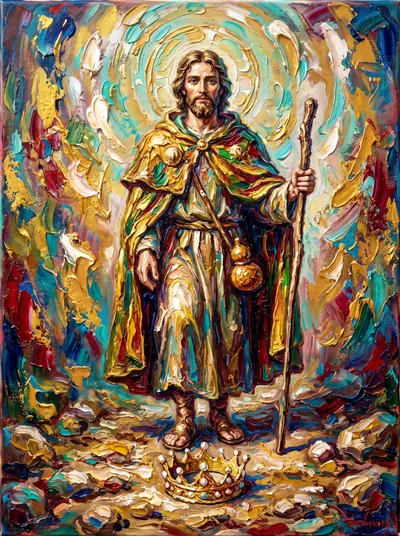 Pintura a óleo de São Ricardo de Wessex como peregrino, de capa e bordão, com uma coroa abandonada a seus pés.