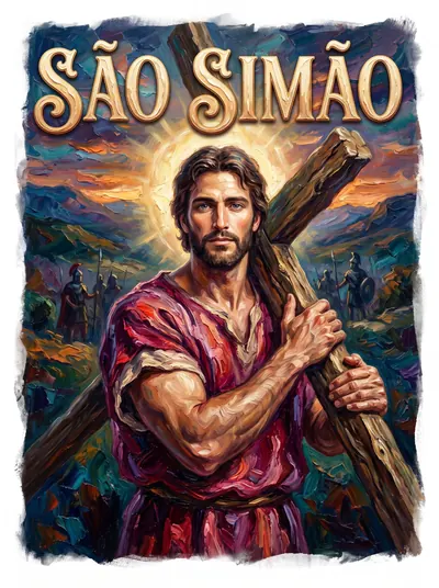 Pintura de São Simão de Cirene, homem barbado e musculoso de túnica vermelha, carregando uma grande cruz de madeira ao ombro.