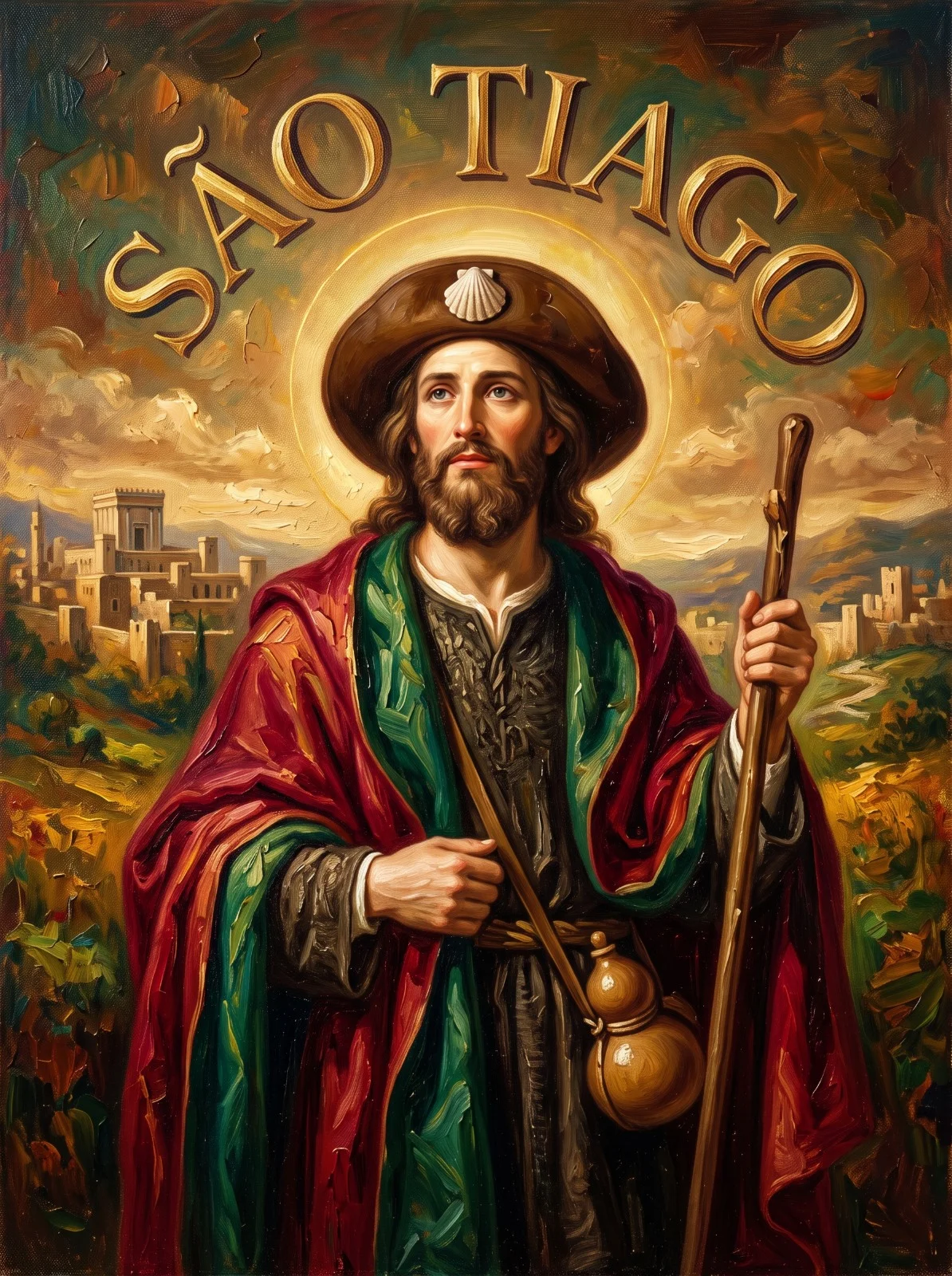 São Tiago Maior peregrino, com chapéu de concha, bordão e cabaça, diante de castelos e campos.