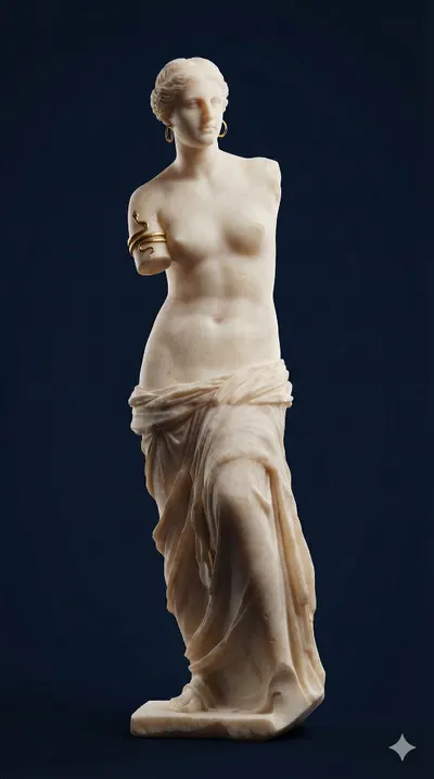 Escultura de mármore da Vênus de Milo, torso nu e drapeado, com bracelete dourado de serpente, sobre fundo azul.