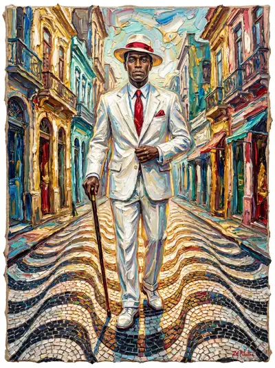 Pintura texturizada de Zé Pilintra, homem negro de terno e chapéu brancos e gravata vermelha, com bengala.