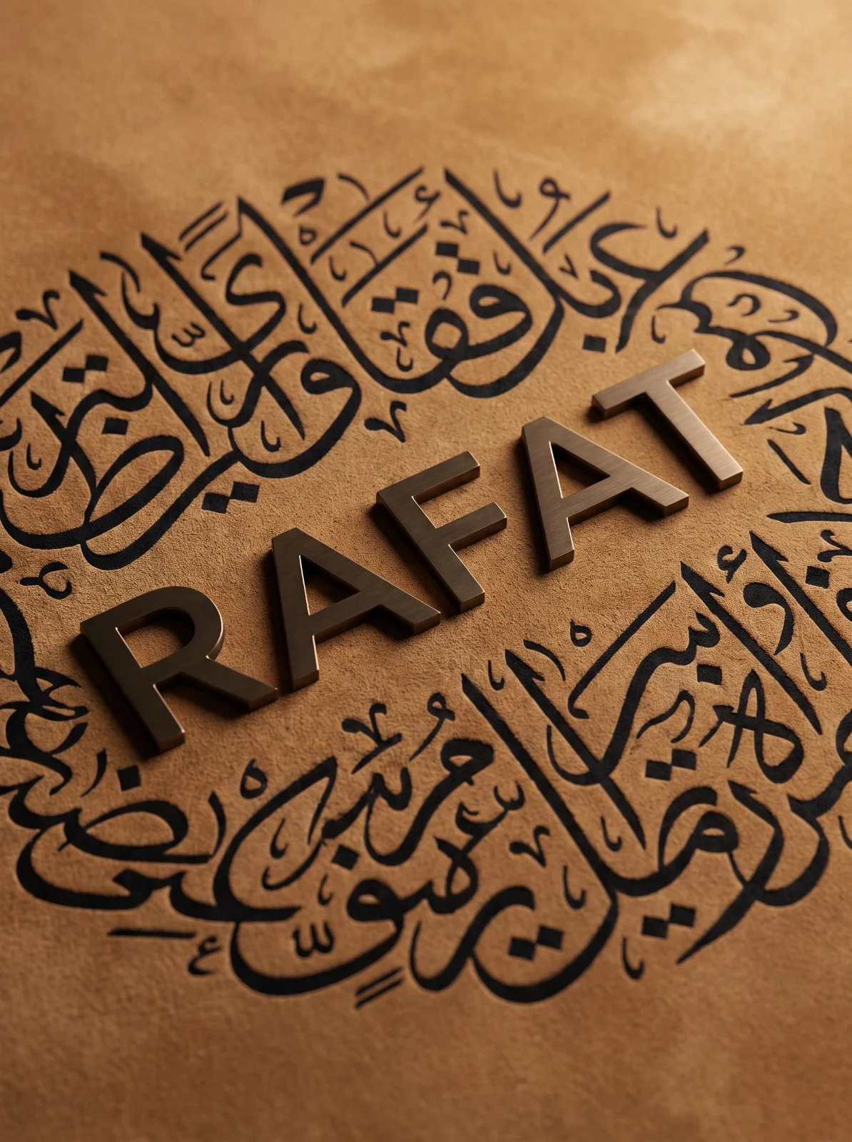 Nome RAFAT em letras escuras em relevo sobre superfície ocre, cercado por caligrafia árabe gravada.